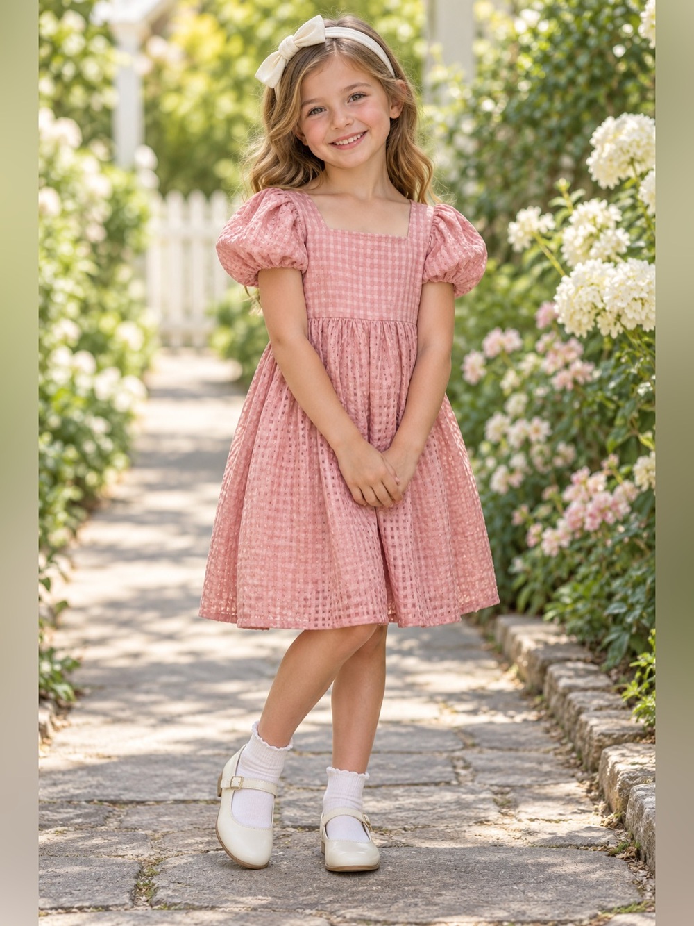 Pink Gingham Puff Sleeve Dress with bow, size 6